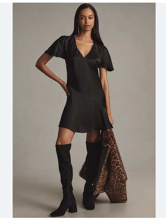 Anthropologie Dresses & Skirts - Anthropologie Black Silky Satin Multi Panel Flutter Sleeve Deep V Neck Dress. M